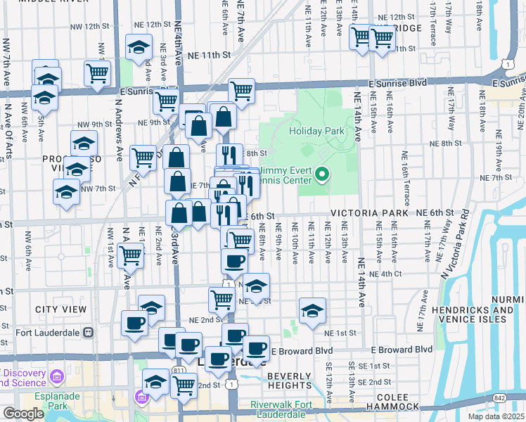 map of restaurants, bars, coffee shops, grocery stores, and more near 715 Northeast 6th Street in Fort Lauderdale