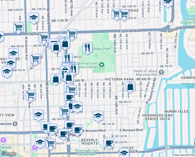 map of restaurants, bars, coffee shops, grocery stores, and more near 1001 Northeast 6th Street in Fort Lauderdale