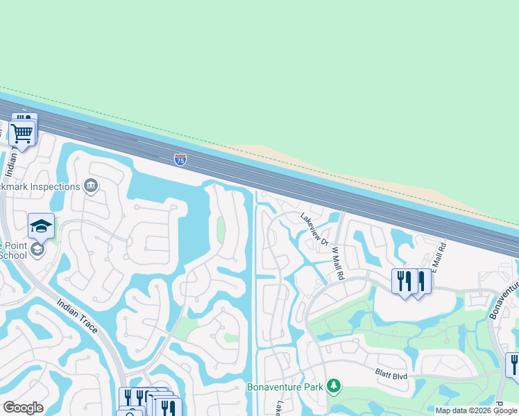 map of restaurants, bars, coffee shops, grocery stores, and more near 197 Lakeview Drive in Weston