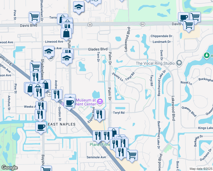 map of restaurants, bars, coffee shops, grocery stores, and more near 264 Palm Drive in Naples
