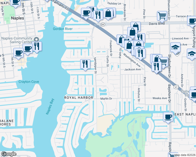 map of restaurants, bars, coffee shops, grocery stores, and more near 1550 Sandpiper Street in Naples
