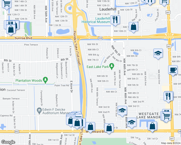 map of restaurants, bars, coffee shops, grocery stores, and more near 4896 Northwest 6th Court in Plantation