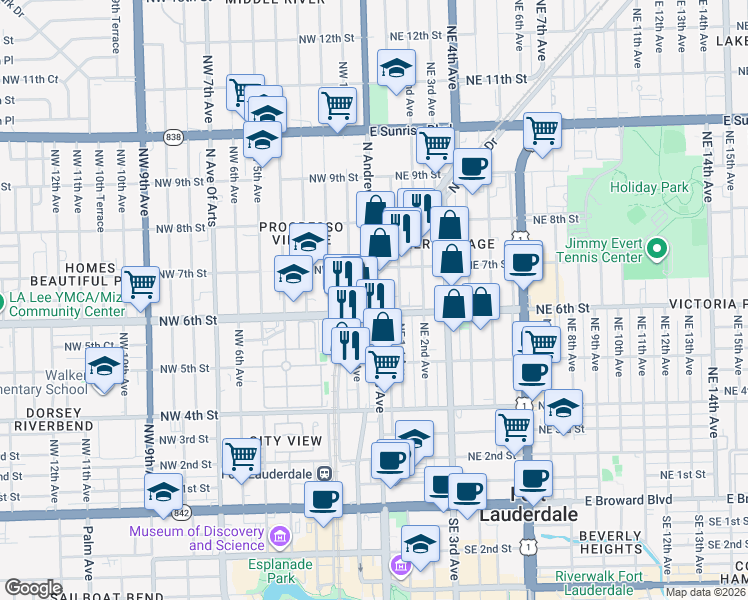map of restaurants, bars, coffee shops, grocery stores, and more near 615 North Andrews Avenue in Fort Lauderdale
