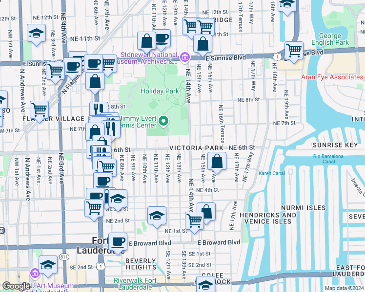 map of restaurants, bars, coffee shops, grocery stores, and more near 548 Northeast 13th Avenue in Fort Lauderdale