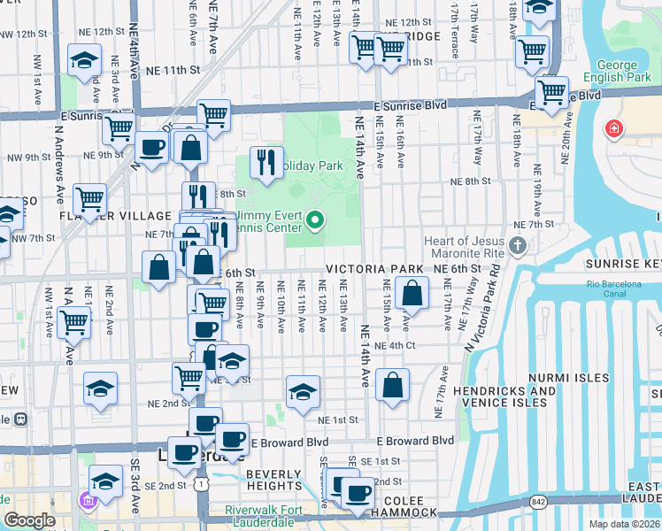 map of restaurants, bars, coffee shops, grocery stores, and more near 549 Northeast 12th Avenue in Fort Lauderdale