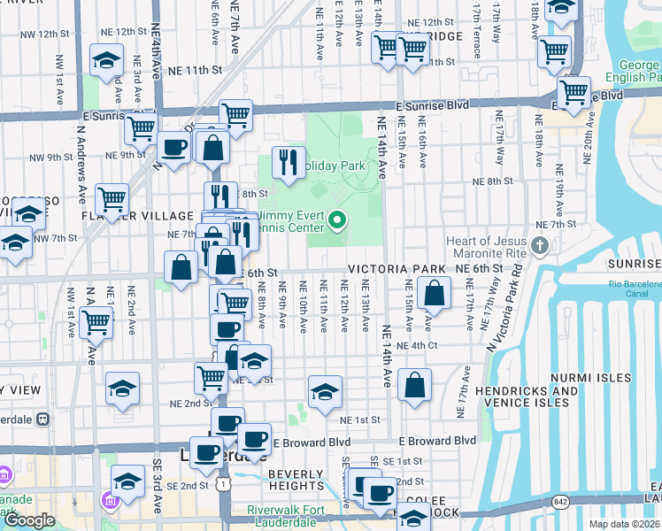map of restaurants, bars, coffee shops, grocery stores, and more near 549 Northeast 12th Avenue in Fort Lauderdale