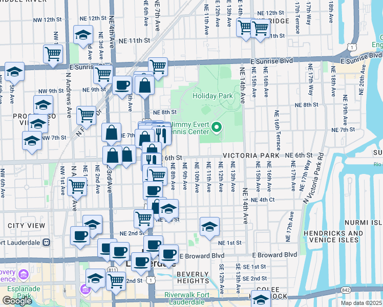 map of restaurants, bars, coffee shops, grocery stores, and more near 549 Northeast 9th Avenue in Fort Lauderdale