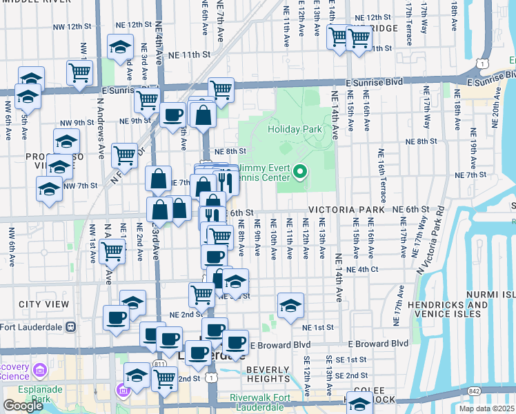 map of restaurants, bars, coffee shops, grocery stores, and more near 549 Northeast 9th Avenue in Fort Lauderdale