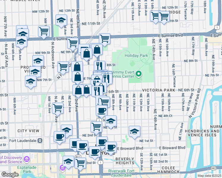map of restaurants, bars, coffee shops, grocery stores, and more near 718 Northeast 6th Street in Fort Lauderdale