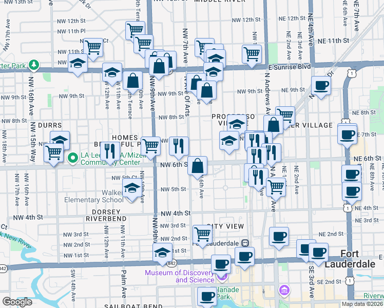 map of restaurants, bars, coffee shops, grocery stores, and more near 611 Northwest 7th Avenue in Fort Lauderdale