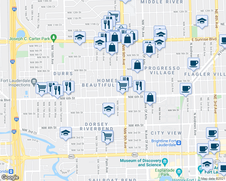map of restaurants, bars, coffee shops, grocery stores, and more near 616 Northwest 10th Terrace in Fort Lauderdale