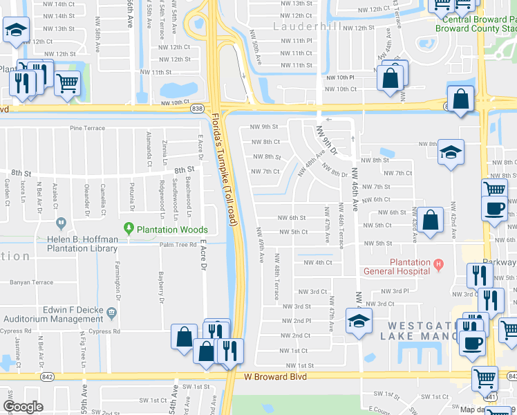 map of restaurants, bars, coffee shops, grocery stores, and more near 601 Northwest 49th Avenue in Plantation