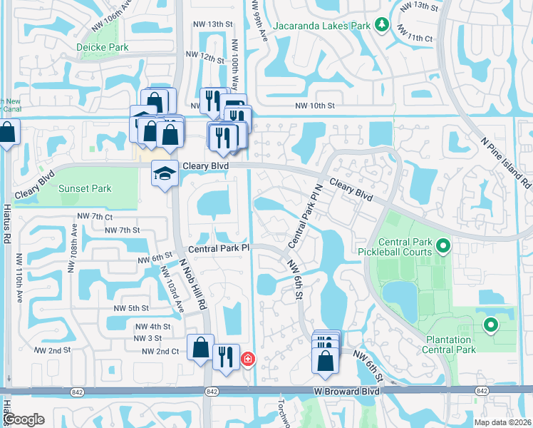 map of restaurants, bars, coffee shops, grocery stores, and more near 9955 Northwest 6th Court in Plantation
