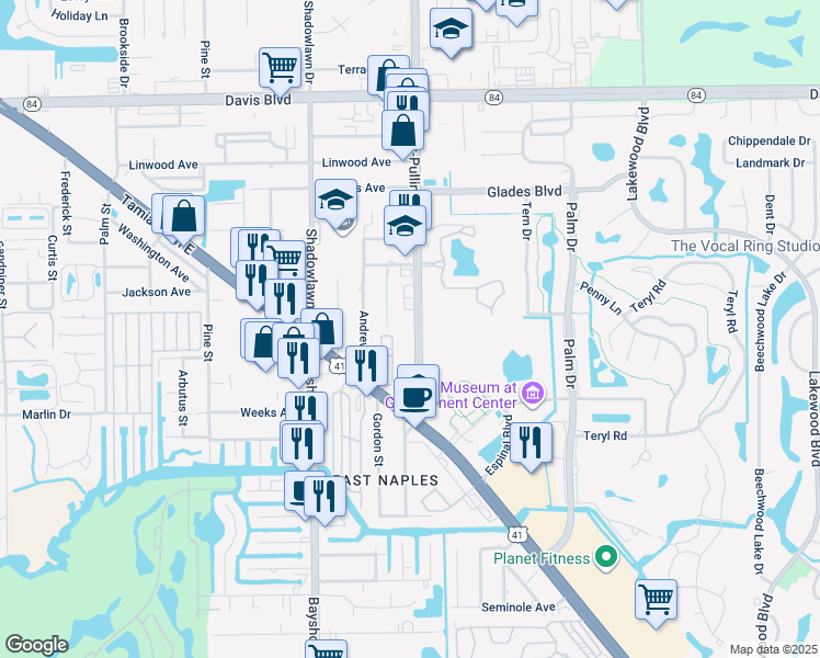 map of restaurants, bars, coffee shops, grocery stores, and more near 2590 Airport-Pulling Road in Naples