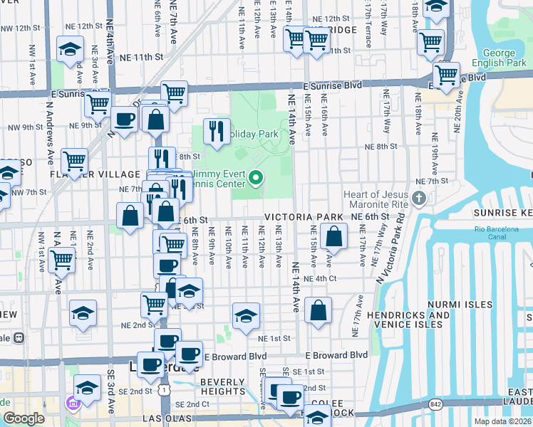 map of restaurants, bars, coffee shops, grocery stores, and more near 610 Northeast 12th Avenue in Fort Lauderdale