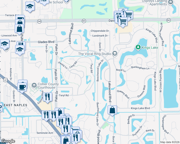 map of restaurants, bars, coffee shops, grocery stores, and more near 721 Teryl Road in Naples