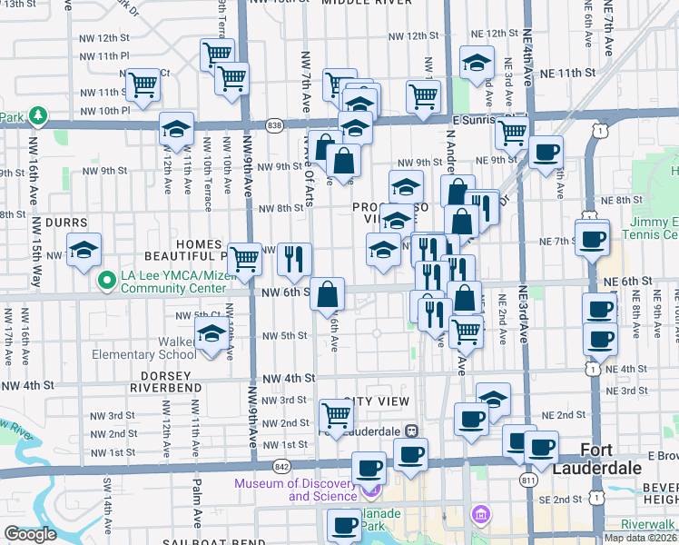 map of restaurants, bars, coffee shops, grocery stores, and more near 600 Northwest 6th Avenue in Fort Lauderdale