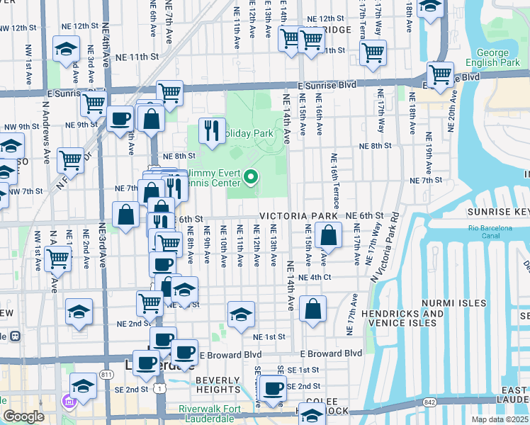 map of restaurants, bars, coffee shops, grocery stores, and more near 1211 Northeast 6th Street in Fort Lauderdale