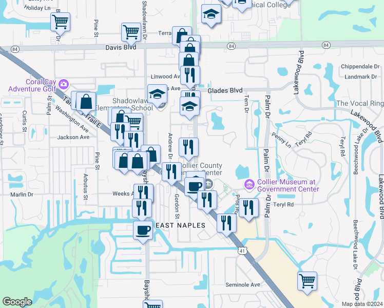 map of restaurants, bars, coffee shops, grocery stores, and more near 2500 Airport Pulling Road South in Naples