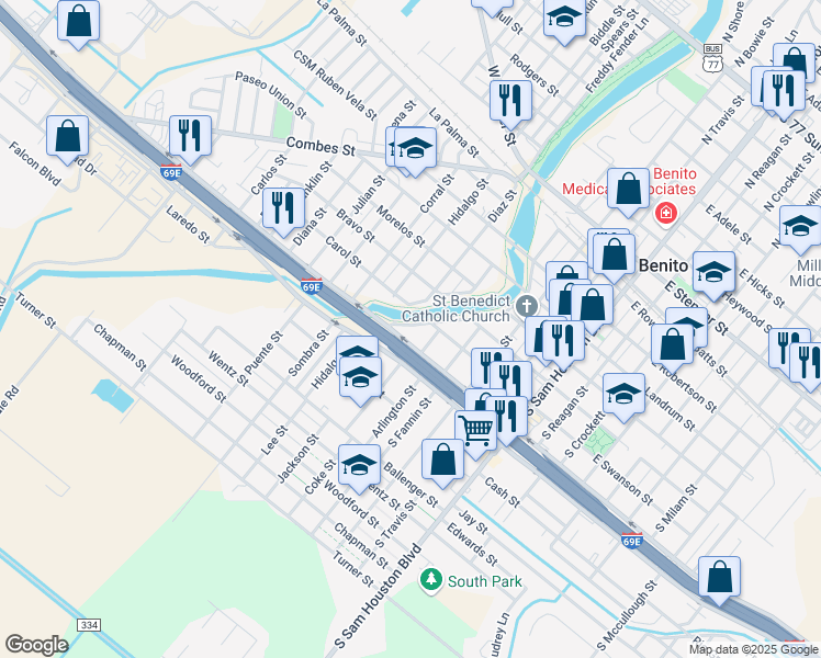 map of restaurants, bars, coffee shops, grocery stores, and more near 3 South Resaca Drive in San Benito