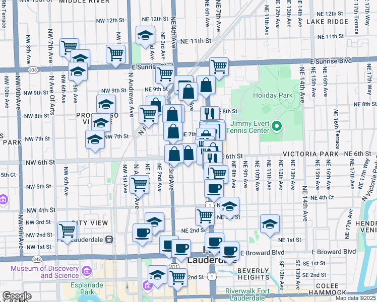 map of restaurants, bars, coffee shops, grocery stores, and more near 421 Northeast 6th Street in Fort Lauderdale