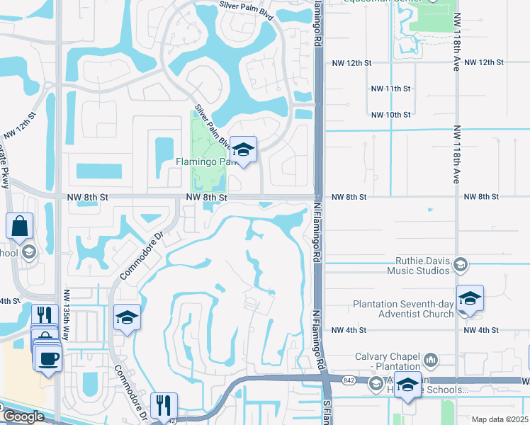 map of restaurants, bars, coffee shops, grocery stores, and more near 514 Vista Isles Drive in Plantation