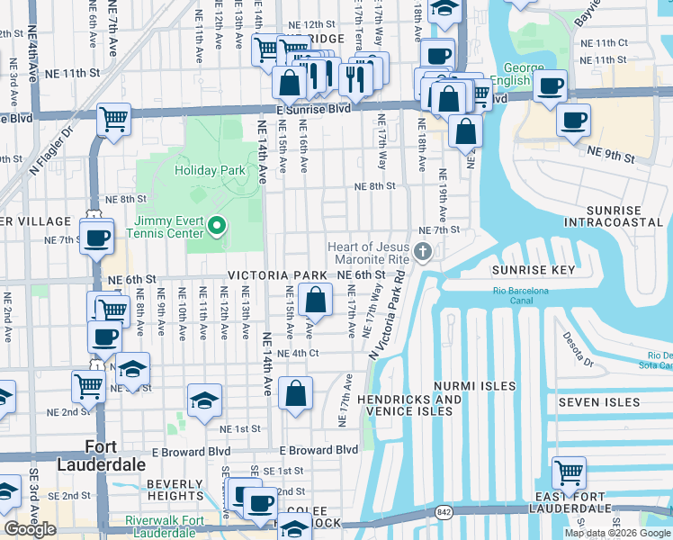 map of restaurants, bars, coffee shops, grocery stores, and more near 545 Northeast 17th Avenue in Fort Lauderdale