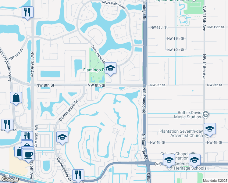 map of restaurants, bars, coffee shops, grocery stores, and more near 542 Vista Isles Drive in Plantation