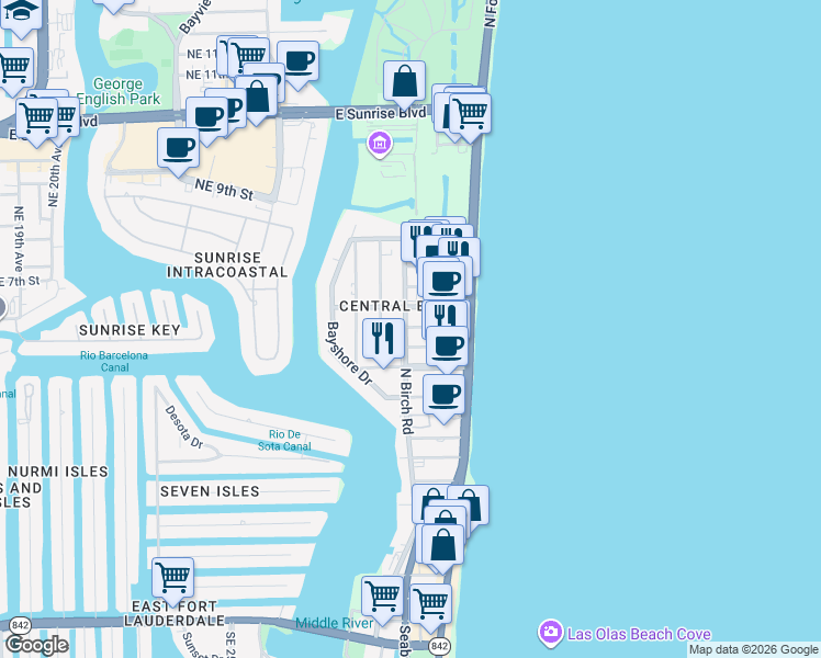 map of restaurants, bars, coffee shops, grocery stores, and more near 527 North Birch Road in Fort Lauderdale