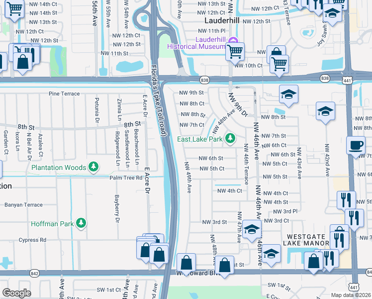 map of restaurants, bars, coffee shops, grocery stores, and more near 601 Northwest 49th Avenue in Plantation