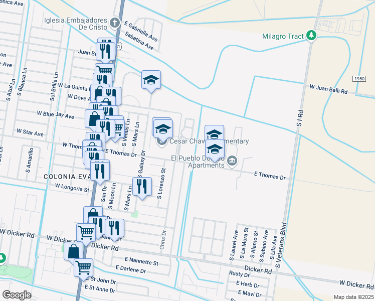 map of restaurants, bars, coffee shops, grocery stores, and more near 421 East Thomas Road in Pharr