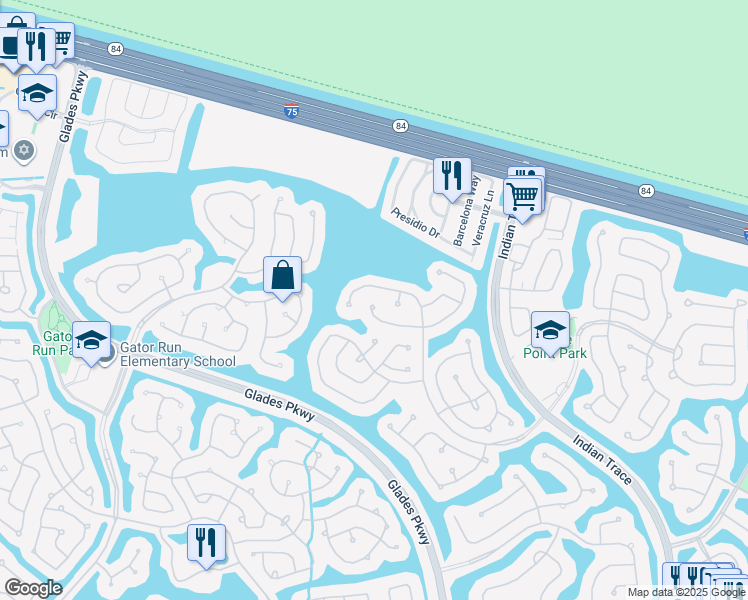 map of restaurants, bars, coffee shops, grocery stores, and more near 1055 Cedar Falls Drive in Weston
