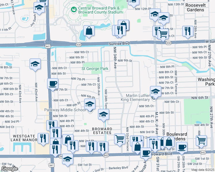 map of restaurants, bars, coffee shops, grocery stores, and more near 3461 Northwest 7th Street in Fort Lauderdale