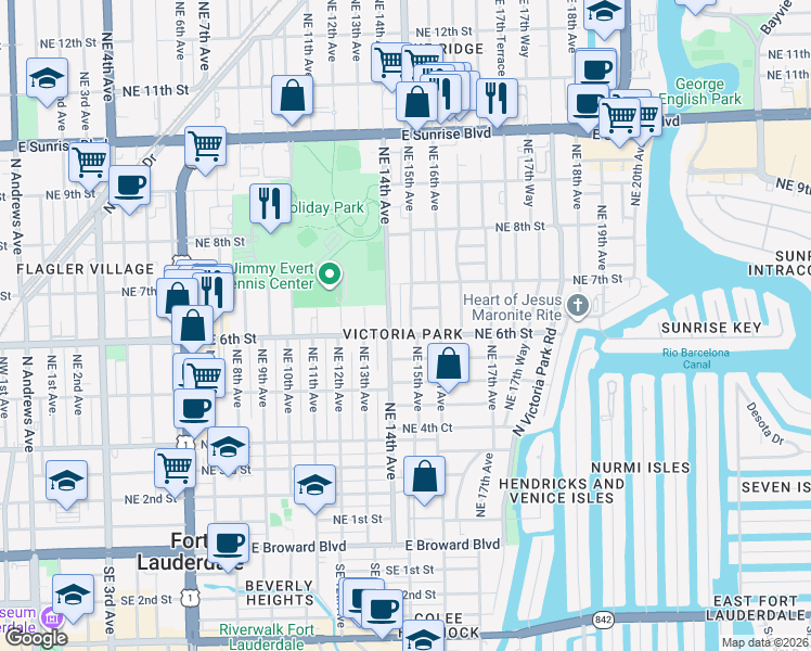 map of restaurants, bars, coffee shops, grocery stores, and more near 605 Northeast 15th Avenue in Fort Lauderdale