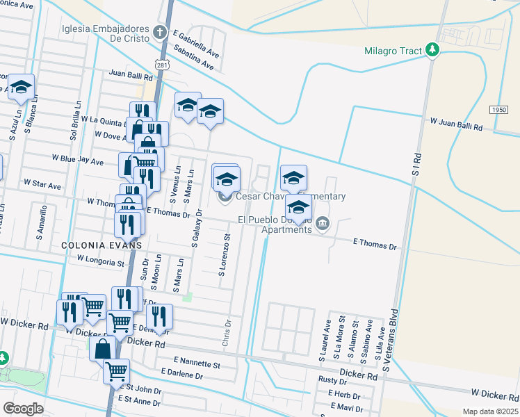 map of restaurants, bars, coffee shops, grocery stores, and more near 421 East Thomas Road in Pharr