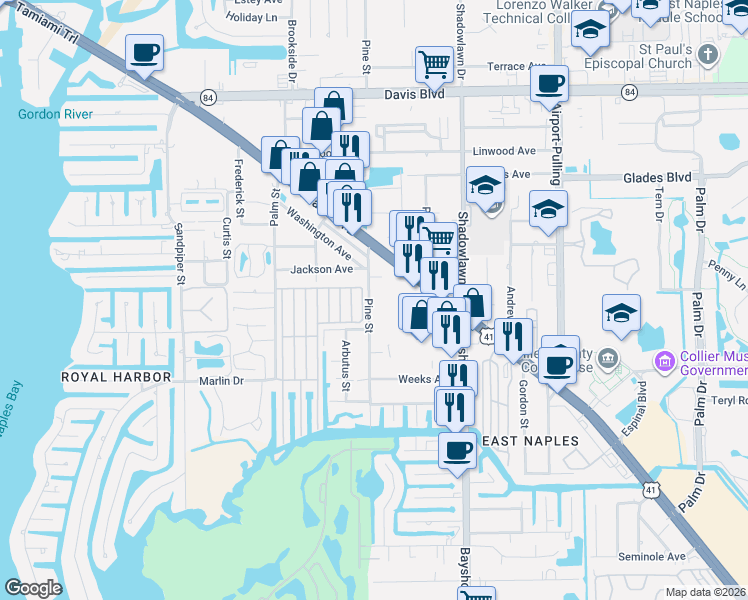 map of restaurants, bars, coffee shops, grocery stores, and more near 2535 Pine Street in Naples