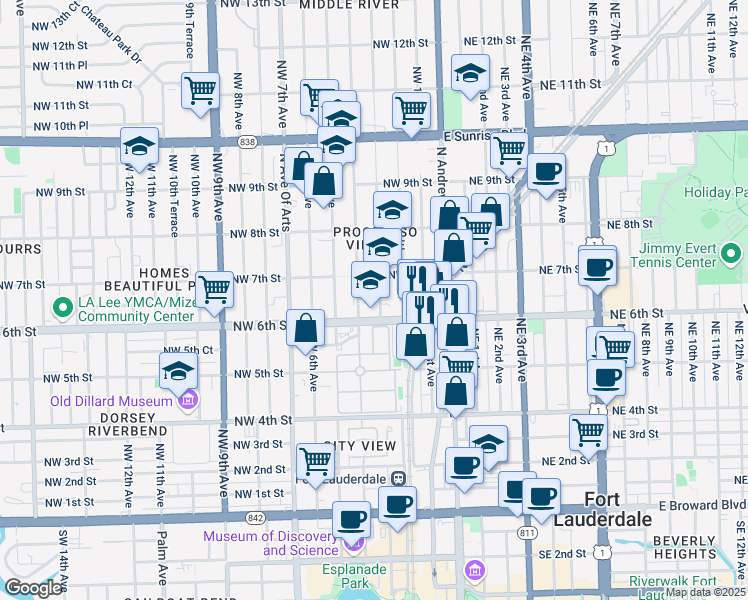 map of restaurants, bars, coffee shops, grocery stores, and more near 223 Northwest 6th Street in Fort Lauderdale