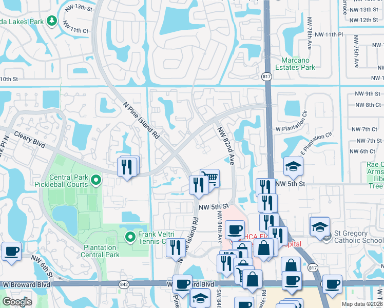map of restaurants, bars, coffee shops, grocery stores, and more near 8500 Cleary Boulevard in Plantation