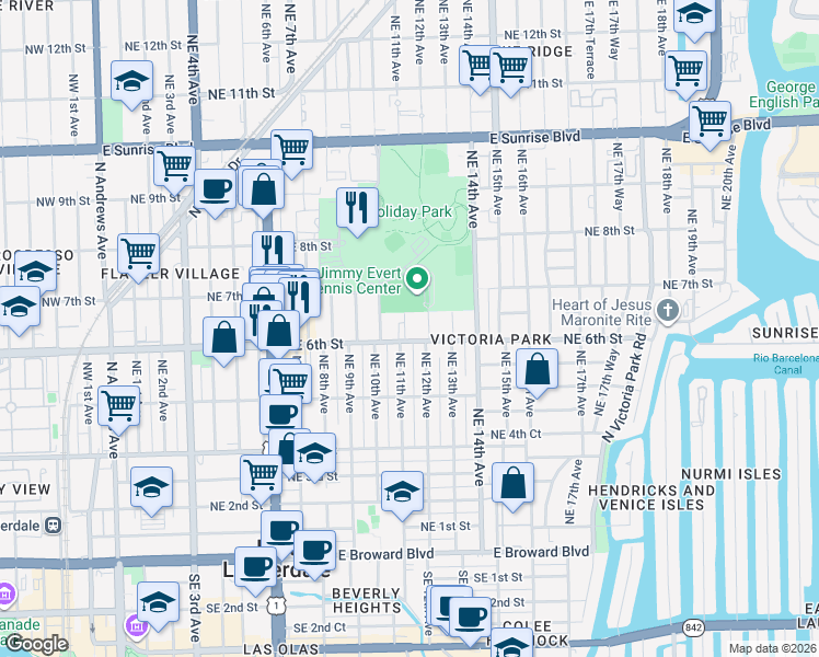 map of restaurants, bars, coffee shops, grocery stores, and more near 549 Northeast 12th Avenue in Fort Lauderdale