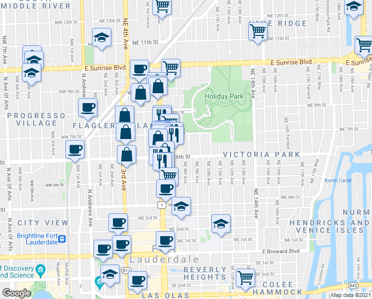 map of restaurants, bars, coffee shops, grocery stores, and more near 718 Northeast 6th Street in Fort Lauderdale