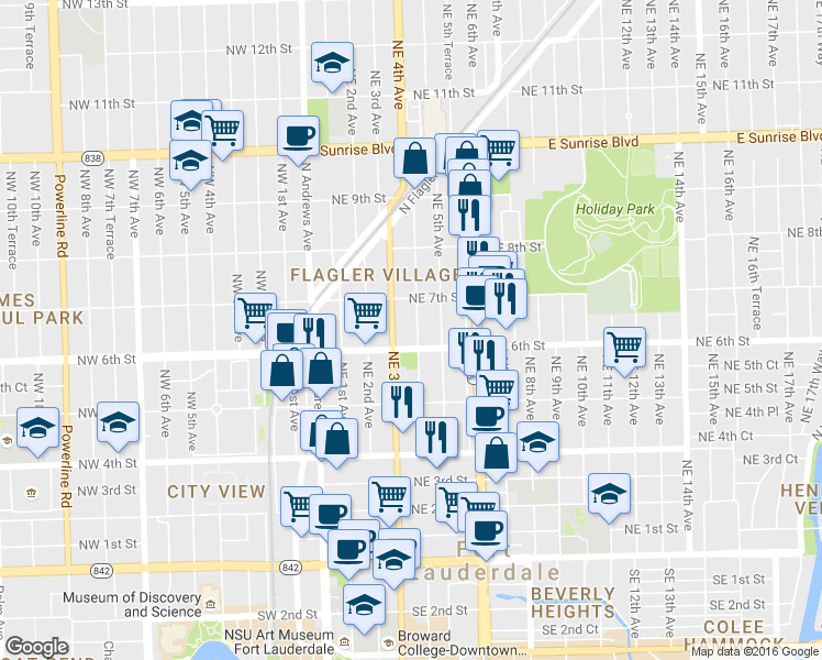 map of restaurants, bars, coffee shops, grocery stores, and more near 600 Northeast 3rd Avenue in Fort Lauderdale