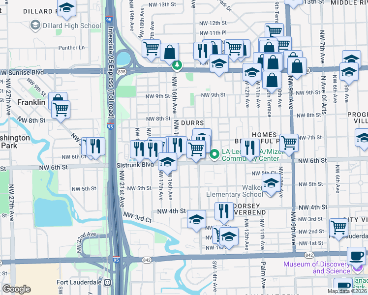 map of restaurants, bars, coffee shops, grocery stores, and more near 625 Northwest 15th Terrace in Fort Lauderdale