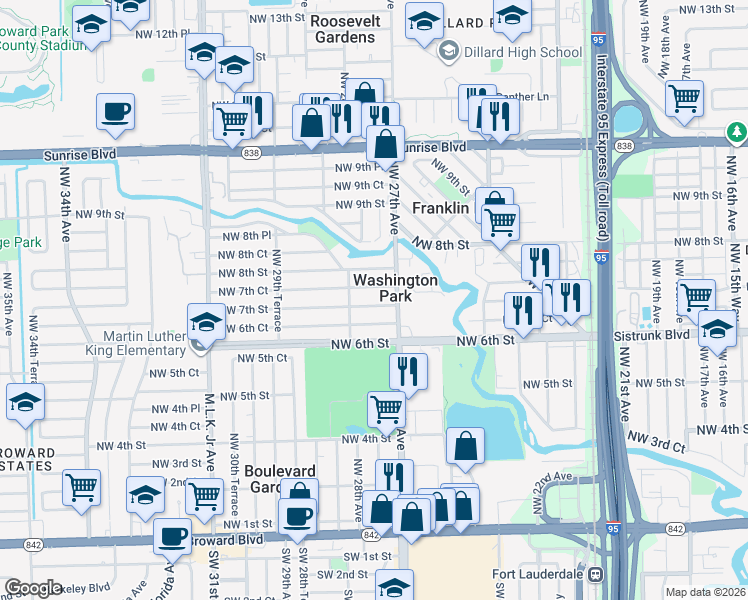 map of restaurants, bars, coffee shops, grocery stores, and more near 2732 Northwest 7th Street in Fort Lauderdale