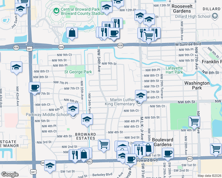 map of restaurants, bars, coffee shops, grocery stores, and more near 3380 Northwest 7th Street in Fort Lauderdale