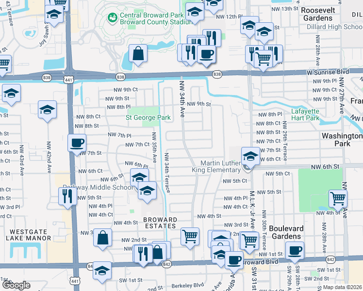 map of restaurants, bars, coffee shops, grocery stores, and more near 3430 Northwest 7th Street in Fort Lauderdale