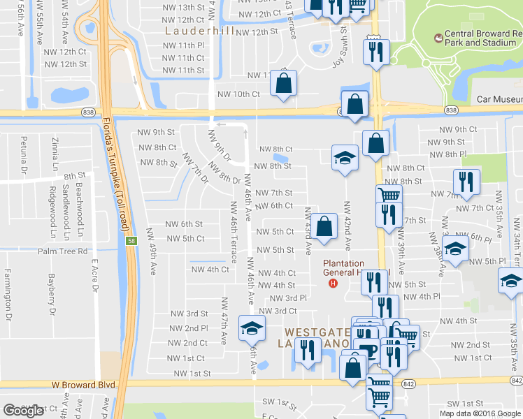 map of restaurants, bars, coffee shops, grocery stores, and more near 4541 Northwest 6th Street in Plantation
