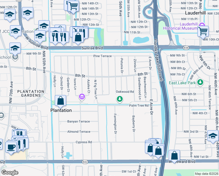 map of restaurants, bars, coffee shops, grocery stores, and more near 640 Camellia Court in Plantation