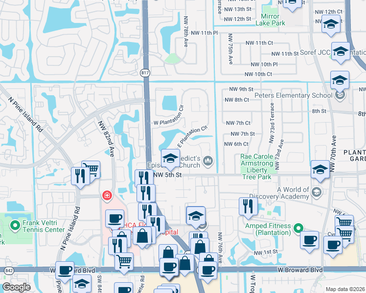 map of restaurants, bars, coffee shops, grocery stores, and more near 7821 Northwest 5th Place in Plantation