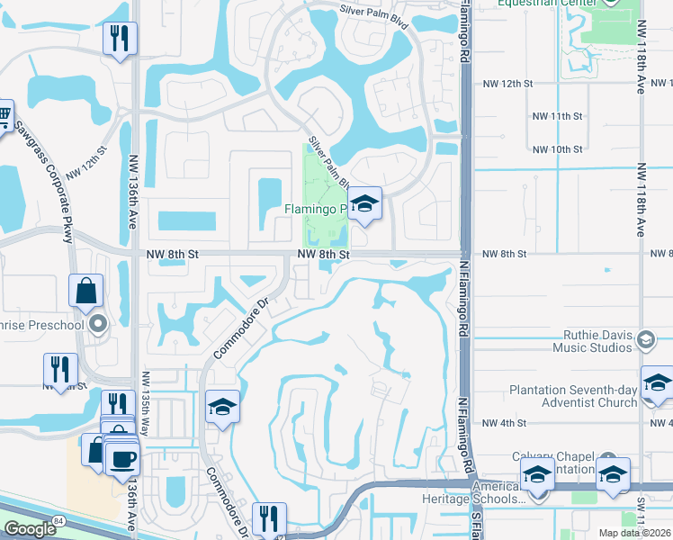 map of restaurants, bars, coffee shops, grocery stores, and more near 12980 Vista Isles Drive in Plantation