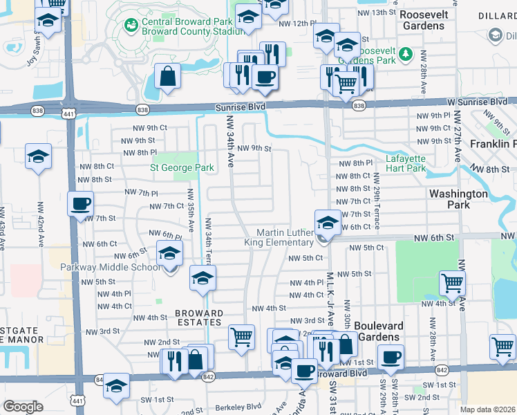 map of restaurants, bars, coffee shops, grocery stores, and more near 3380 Northwest 7th Street in Fort Lauderdale